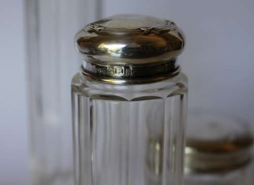 Set of 4 Antique Cut Glass Sterling Silver Top Jar Box Bottle Birmingham c1909 1927 England Great