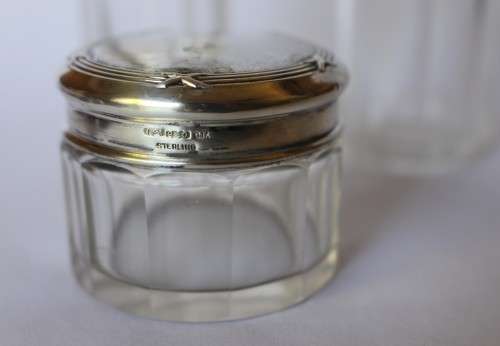 Set of 4 Antique Cut Glass Sterling Silver Top Jar Box Bottle Birmingham c1909 1927 England Great