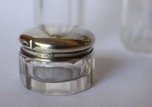 Set of 4 Antique Cut Glass Sterling Silver Top Jar Box Bottle Birmingham c1909 1927 England Great