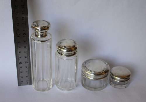 Set of 4 Antique Cut Glass Sterling Silver Top Jar Box Bottle Birmingham c1909 1927 England Great