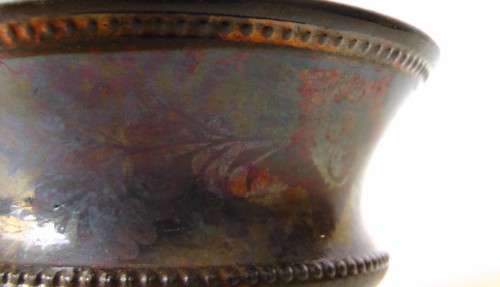 Lacquered Glass Bronze-Toned Small Pedestal Bud Vase Iridescent Blue and Bronze Floral Italy EUC