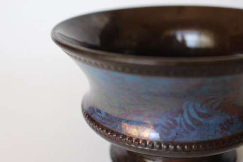 Lacquered Glass Bronze-Toned Small Pedestal Bud Vase Iridescent Blue and Bronze Floral Italy EUC