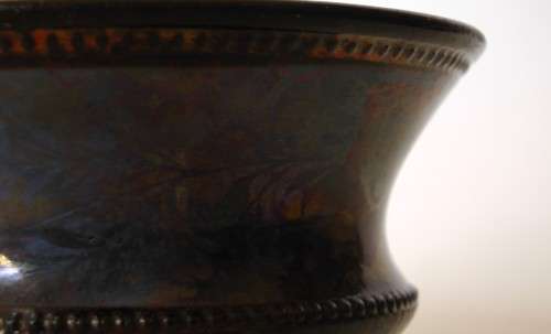 Lacquered Glass Bronze-Toned Small Pedestal Bud Vase Iridescent Blue and Bronze Floral Italy EUC