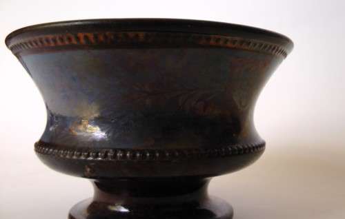 Lacquered Glass Bronze-Toned Small Pedestal Bud Vase Iridescent Blue and Bronze Floral Italy EUC