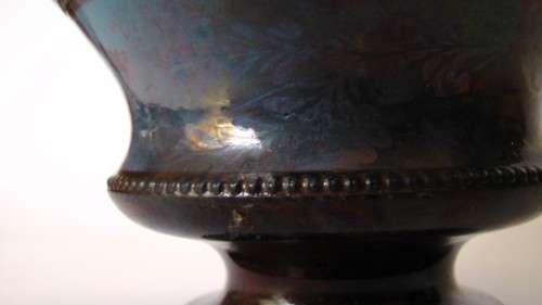 Lacquered Glass Bronze-Toned Small Pedestal Bud Vase Iridescent Blue and Bronze Floral Italy EUC