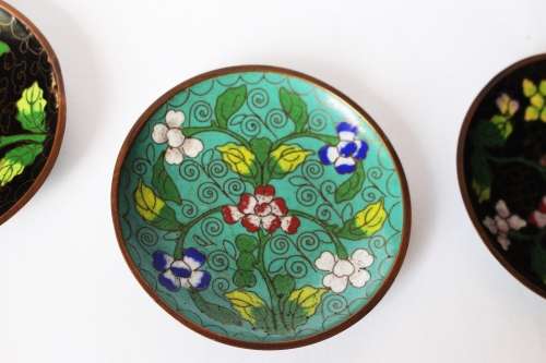 3 Chinese Cloisonne Dish Trinket Pin Dish Enamel Brass Flower Oriental Asian Art China c1920-50 Fair