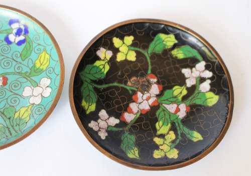 3 Chinese Cloisonne Dish Trinket Pin Dish Enamel Brass Flower Oriental Asian Art China c1920-50 Fair