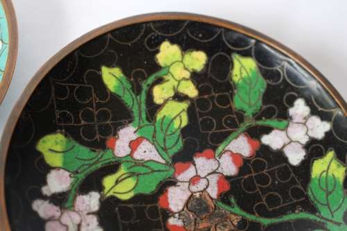 3 Chinese Cloisonne Dish Trinket Pin Dish Enamel Brass Flower Oriental Asian Art China c1920-50 Fair