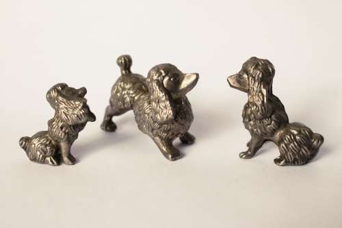 3 Vintage Cast Iron Dog Figurines Silver Tone Metal Poodle Dog Statues Decor Gift For Dog Lover