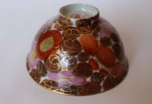 Vintage gilded pink, red, brown and white small Chinese Oriental Asian porcelain tea bowl