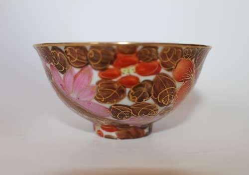 Vintage gilded pink, red, brown and white small Chinese Oriental Asian porcelain tea bowl
