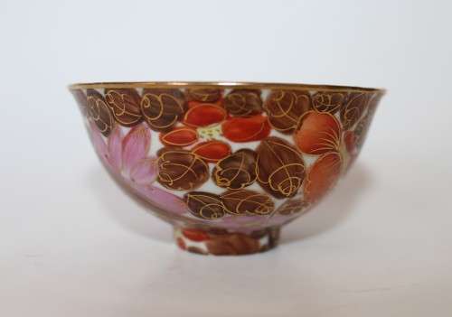 Vintage gilded pink, red, brown and white small Chinese Oriental Asian porcelain tea bowl