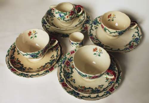 Royal Cauldon Creamer Teacup Side/Tea Plate Saucer Egg Cup/Jam Jar Victoria Pattern England c1920-38