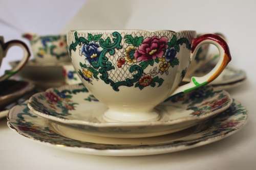 Royal Cauldon Creamer Teacup Side/Tea Plate Saucer Egg Cup/Jam Jar Victoria Pattern England c1920-38
