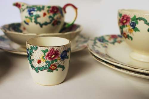 Royal Cauldon Creamer Teacup Side/Tea Plate Saucer Egg Cup/Jam Jar Victoria Pattern England c1920-38
