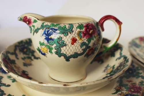 Royal Cauldon Creamer Teacup Side/Tea Plate Saucer Egg Cup/Jam Jar Victoria Pattern England c1920-38