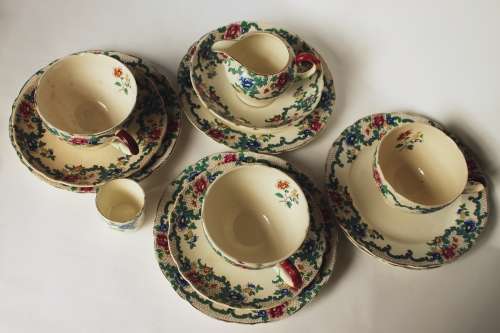 Royal Cauldon Creamer Teacup Side/Tea Plate Saucer Egg Cup/Jam Jar Victoria Pattern England c1920-38