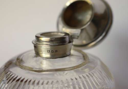 Antique Large Solid Sterling Silver Crystal Perfume Scent Bottle British Silver London c1920 EUC