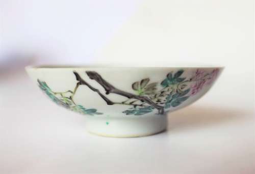 Fine Vintage Chinese Famile Rose Enamel Decorated Porcelain Dish Bird Flowers Calligraphy Bowl Rare