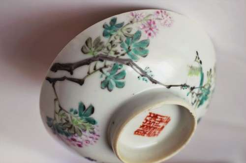 Fine Vintage Chinese Famile Rose Enamel Decorated Porcelain Dish Bird Flowers Calligraphy Bowl Rare