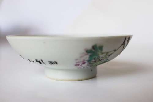 Fine Vintage Chinese Famile Rose Enamel Decorated Porcelain Dish Bird Flowers Calligraphy Bowl Rare