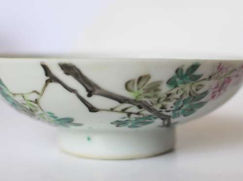 Fine Vintage Chinese Famile Rose Enamel Decorated Porcelain Dish Bird Flowers Calligraphy Bowl Rare