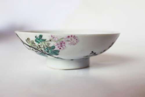 Fine Vintage Chinese Famile Rose Enamel Decorated Porcelain Dish Bird Flowers Calligraphy Bowl Rare