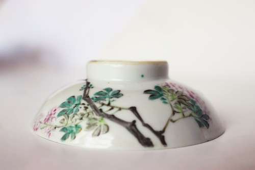 Fine Vintage Chinese Famile Rose Enamel Decorated Porcelain Dish Bird Flowers Calligraphy Bowl Rare
