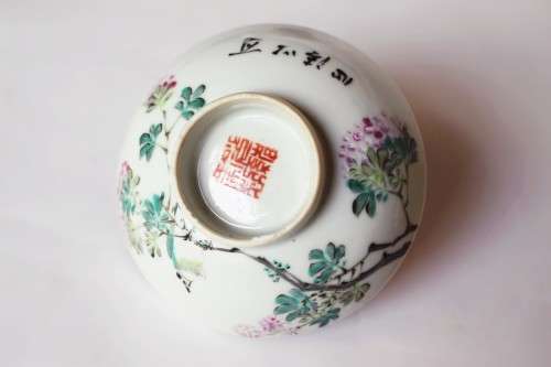 Fine Vintage Chinese Famile Rose Enamel Decorated Porcelain Dish Bird Flowers Calligraphy Bowl Rare