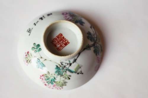 Fine Vintage Chinese Famile Rose Enamel Decorated Porcelain Dish Bird Flowers Calligraphy Bowl Rare