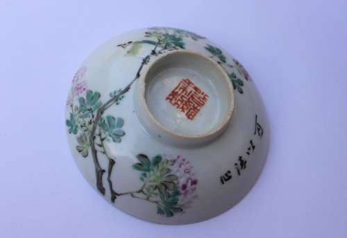 Fine Vintage Chinese Famile Rose Enamel Decorated Porcelain Dish Bird Flowers Calligraphy Bowl Rare