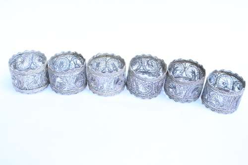 6 Antique vintage sterling silver filigree napkin rings serviette holder Egypt rare