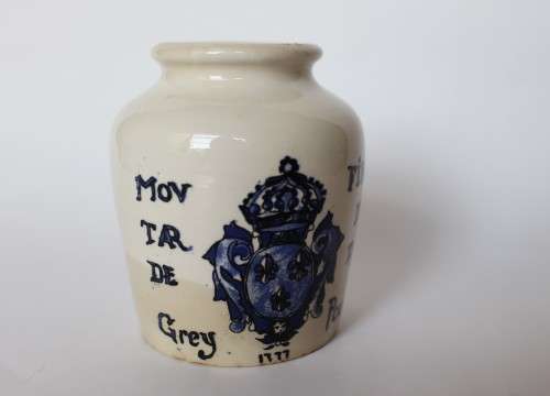 Digoin Sarreguemines Antique French Mustard Pot Jar Grey Poupon Ceramic Mustard of Dijon France EUC