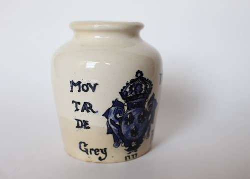 Digoin Sarreguemines Antique French Mustard Pot Jar Grey Poupon Ceramic Mustard of Dijon France EUC