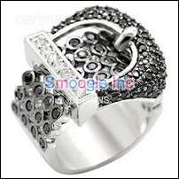 (Size 07)   - FREE INTL SHIPPING - ** Rhodium Plated Black Diamond Cubic Zirconia Belt Ring **