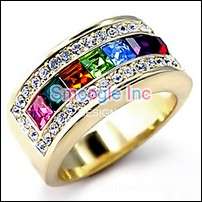 (Size 07)   - FREE INTL SHIPPING - ** Gold Plated Multicolor Crystal Ring **
