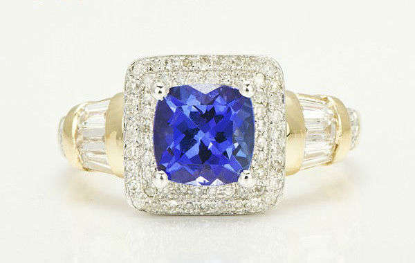 Solid 14CT 2.66TCW Gold Cushion AAA Blue Tanzanite Natural Diamond Ring