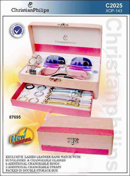 Christian Philips Ladies Watch & Sunglass Set with Changeable Glass Ring & Band