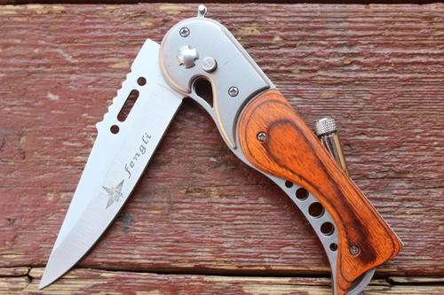 201A Assisted Opening Knife Pocket 440 Blade Wood Handle With LED Light - 5 Available!!