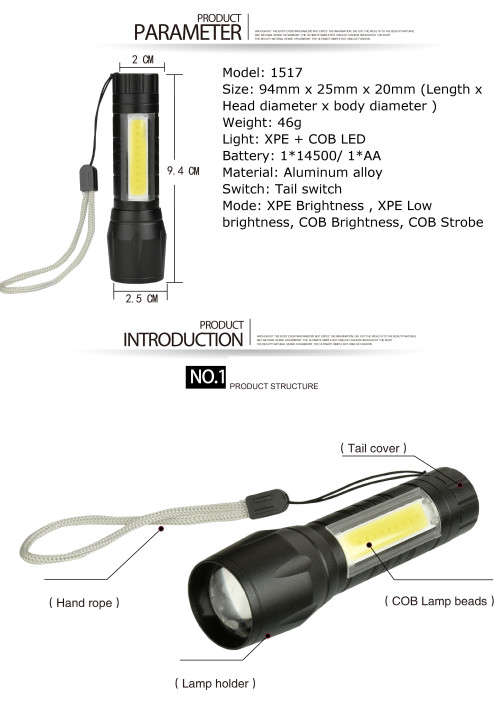 Xanes 1517 XPE+COB 2Lights 1000Lumens 3 Modes USB Rechargeable  EDC LED Flashlight - 5 AVAILABLE!