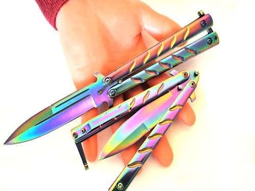 RAINBOW  9" SUPERIOR QUALITY BUTTERFLY KNIFE - 4" DAGGER BLADE - LAST 2 Available!!