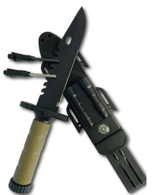 Survival Knife With Flint, Sharpener And Compass - Grey