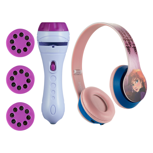 Disney Frozen Bundle : Kids Bluetooth Stereo Volume Reduced Headphones + Frozen II Torch Projector