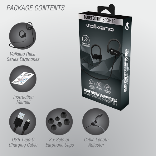 Volkano Bluetooth Sports Earphones - Race  Series Black