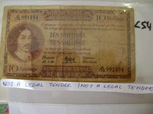 TEN SHILLING SA BANKNOTE 27/1/59 M H DE KOCK