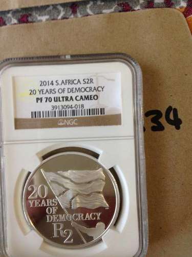 2014 RARE SA SILVER R2,00 20 YEARS OF DEMOCRACY  PF70UC