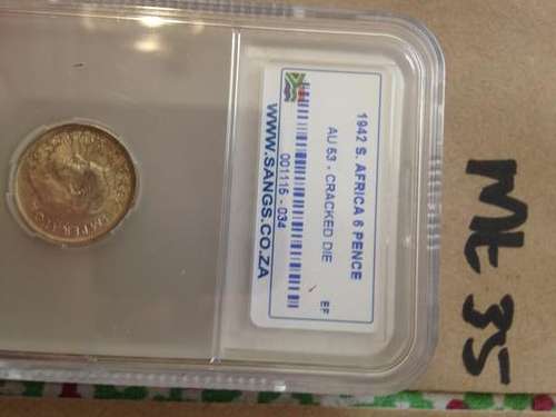 1942 SA 6 PENCE AU 53 - CRACKED DIE SANGS