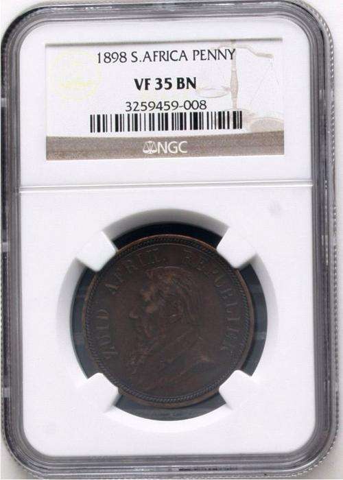 ## 1898 ZAR PENNY - NGC GRADED VF35BN - LOW POPULATION OF 12 ##