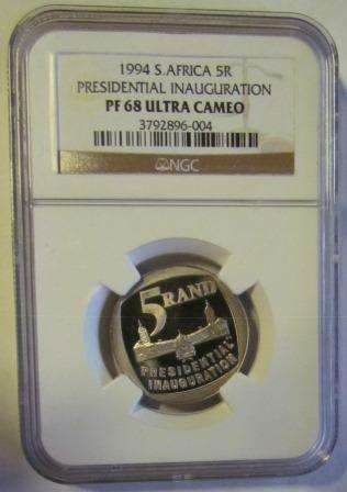 In Memory Of Nelson Mandela - Building in front - 1994 Proof Inauguration R5 - NGC PF68UC