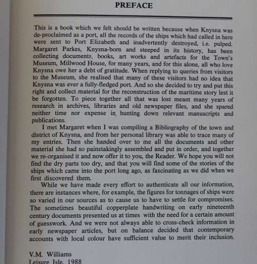 Knysna the forgotten port by Margaret Parkes & V.M. Williams. Signed by both authors-limited no.57